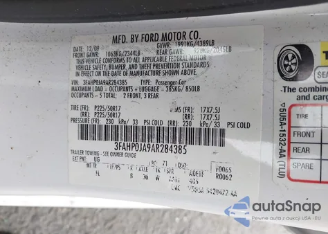 2010 Ford Fusion Sel z USA, uszkodzony, nr VIN 3FAHP0JA9AR284385